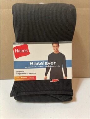 Men’s Hanes Black Baselayer Stretch Long Sleeve Crewneck Size Medium NWT